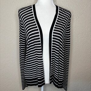 Jones New York Black White Stripe Open Front Cardigan Sweater Women's Size M